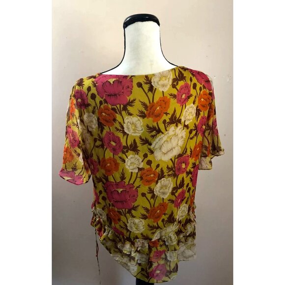 NWT Massimo Dutti mulberry silk chartreuse floral ruffle blouse - Picture 5 of 6